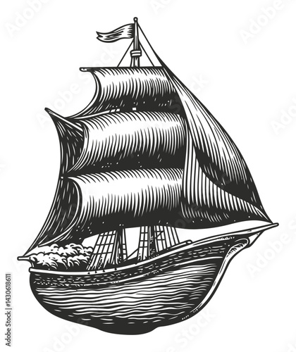 Detailed Engraving of Classic Sailing Ship with Full Sails