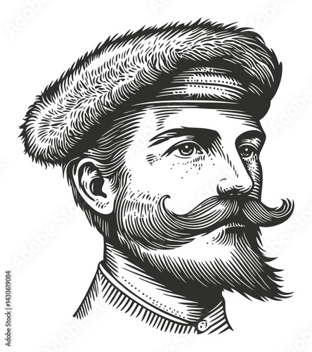 Vintage Engraving of Distinguished Man with Mustache and Hat