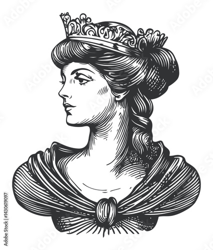 Engraved Profile Portrait of a Woman with Regal Headpiece