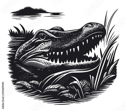 Detailed Black and White Engraving of a Crocodile in Nature