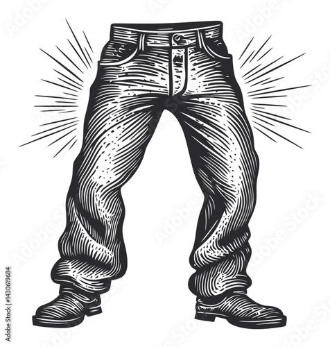 Detailed Engraving of Classic Denim Pants with Unique Woodcut Style