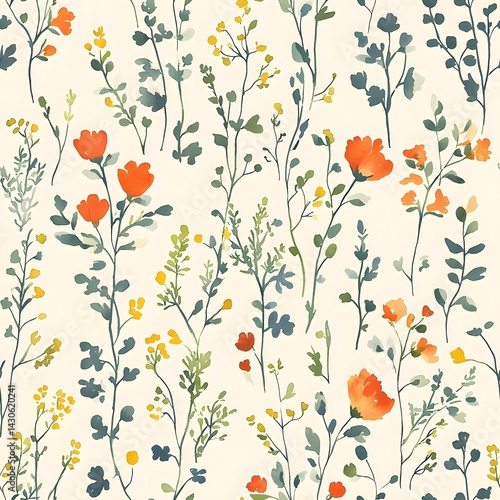 Wallpaper Mural Seamless Watercolor Floral Pattern Orange and Yellow Wildflowers Botanical Illustration Nature Torontodigital.ca