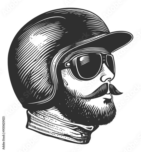 Vintage Style Motorcycle Rider Illustration with Helmet and Sunglasses