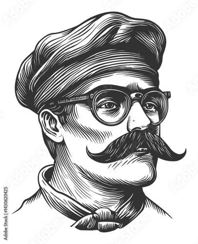 Vintage Engraving of a Distinguished Man with a Mustache and Glasses