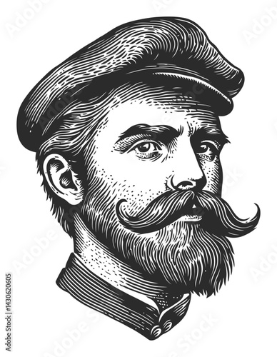 Detailed Vintage Engraving of a Distinguished Man with Mustache