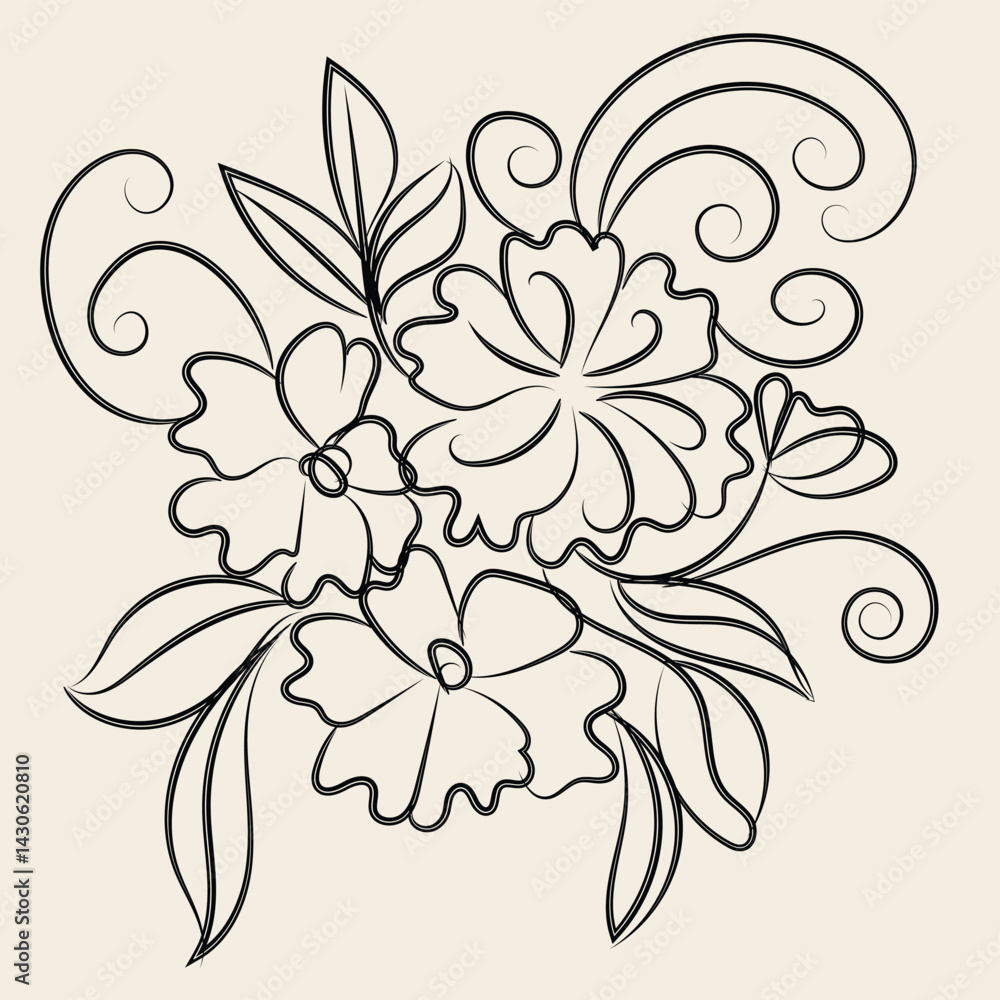 Fototapeta premium Elegant Black Line Art Floral Design with Swirls