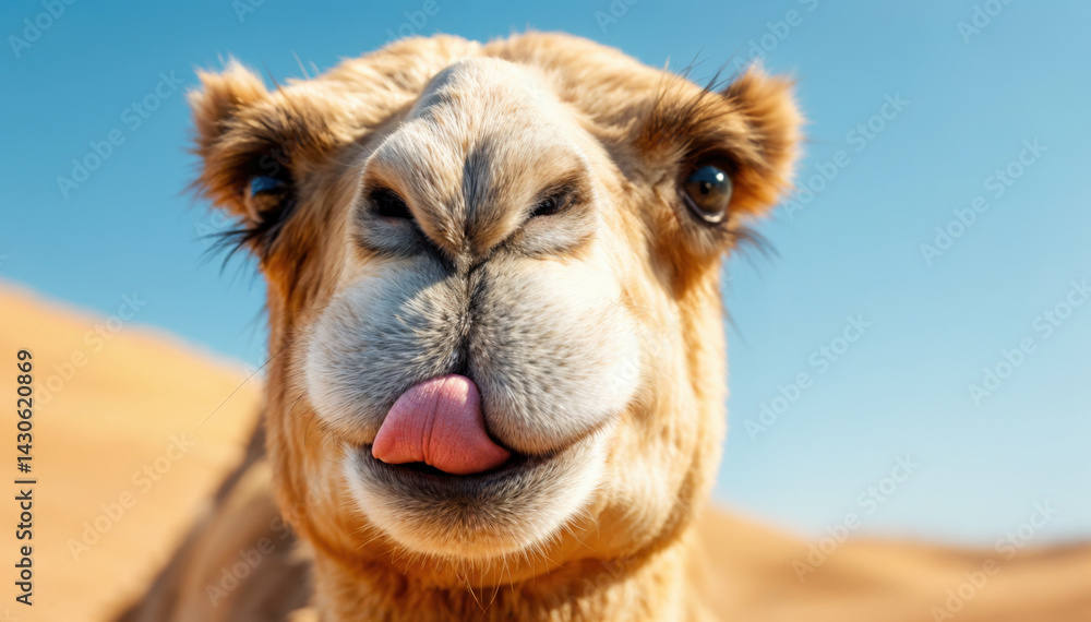 Obraz premium Close-up of a camel sticking out tongue in sunny desert