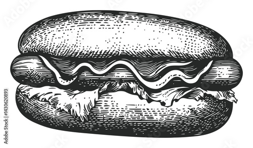 Vintage Engraving of a Delicious Hot Dog with Toppings and Bun