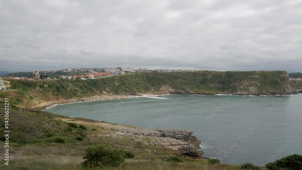 Scenic view of Playa De Los Locos in Suances, Cantabria, Spain with cliffs