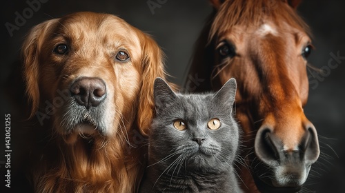 Portraits of dogs, cats, and horses. A staged photo of friends petting each other. Brown horse, grey cat, and golden retriever in peace. Generative Ai