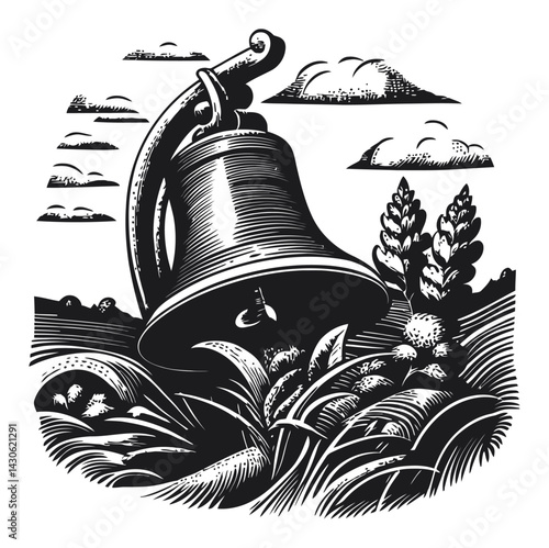 Detailed Woodcut Engraving of a Bell Surrounded by Nature Elements