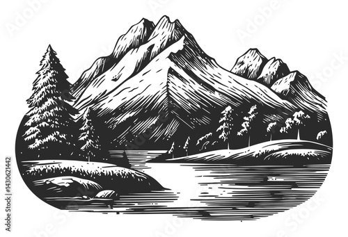 Black and White Engraving of Mountains and River Landscape