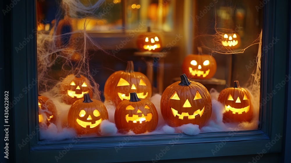 Fototapeta premium Illuminated Jack-o'-lanterns: A Spooky Halloween Window Display