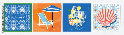Summer set. Italy. Amalfi. Vector illustration of posters or cards with the image of blue Italian Mediterranean tiles, lemons in shopping mesh bag, beach lounger with umbrella, shell