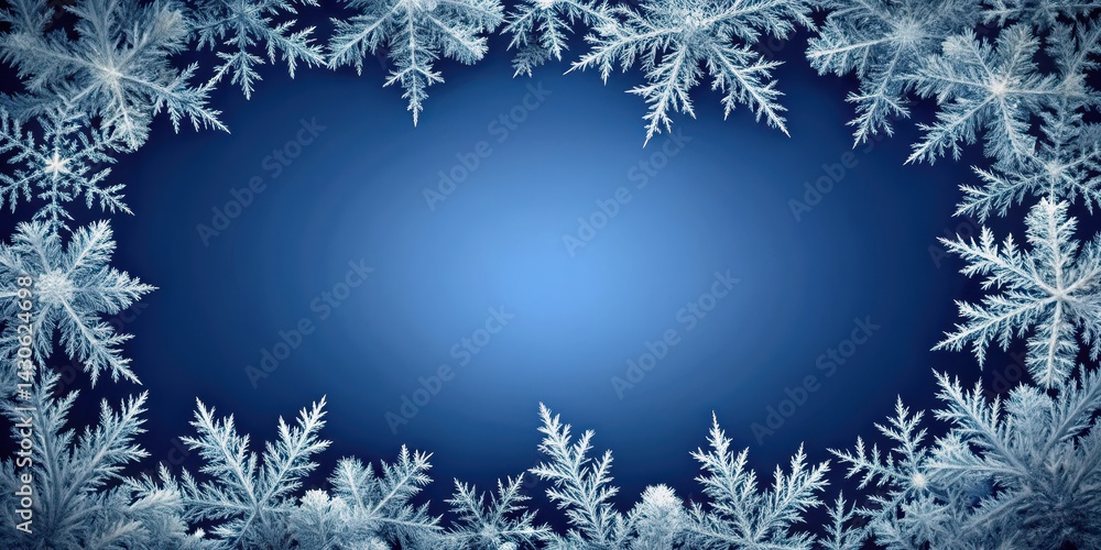 Frosty frame with delicate ice crystals on dark blue background, surrounded by a subtle gradient effect, blue, snowflake, blue Frosty frame with delicate ice crystals on dark blue background, surrounded by a subtle gradient effect, blue, snowflake, blue
