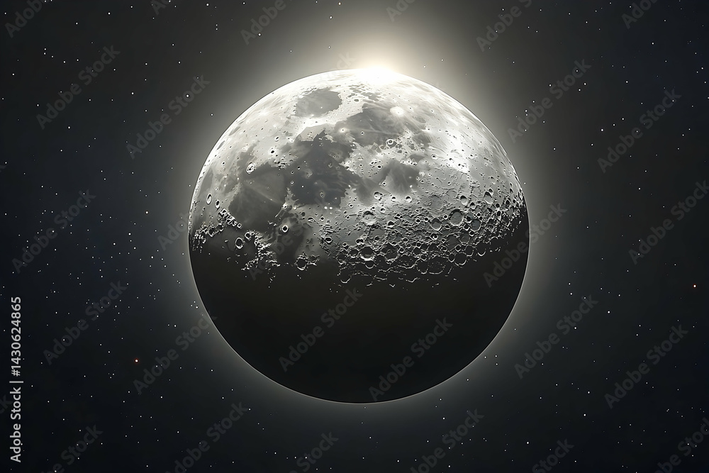 Fototapeta premium Celestial orb, the moon, illuminated by stellar backdrop.
