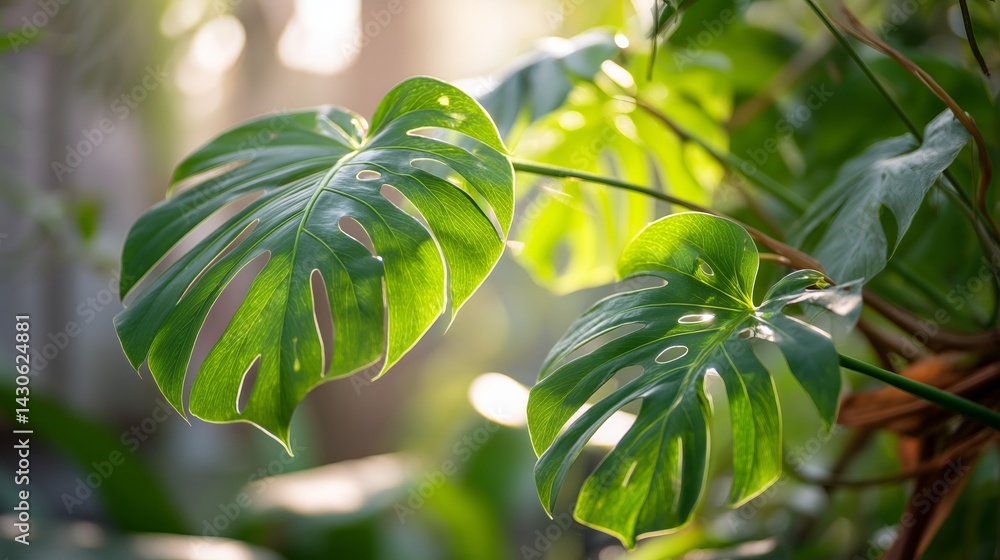 Obraz premium Lush Monstera leaves in soft sunlight, tropical greenery thriving in nature's embrace 