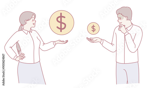 Two individuals are engaged in a detailed monetary discussion, visualizing and contemplating various amounts