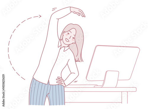 This is an illustration of a woman who is stretching at her desk to improve her posture and relieve any tension