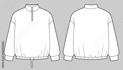 Mans half zipper sweatshirt with drawstring on bottom.