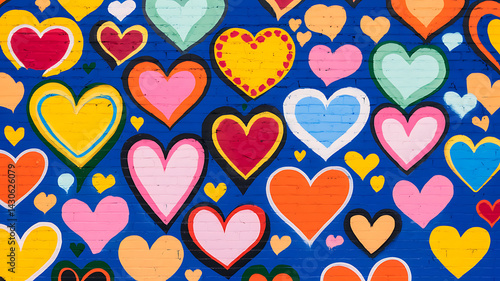 Vibrant hand-painted hearts of various colors and sizes adorn a deep blue wall creating a joyful artistic display.