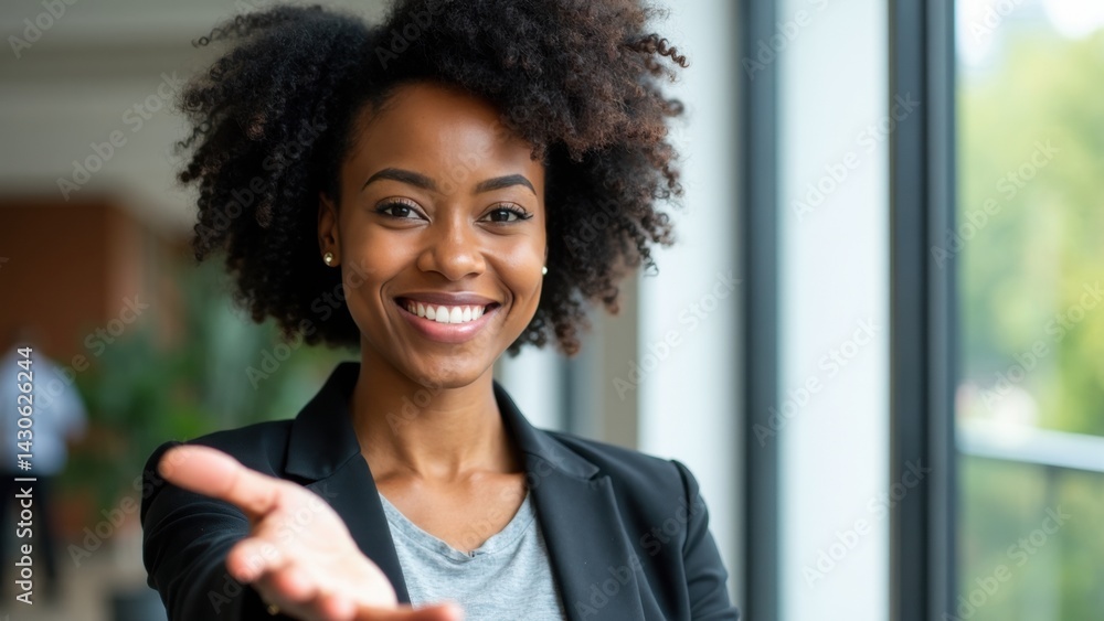 A smiling African American businesswoman offers a handshake to welcome newcomers in a modern office setting, exuding professionalism and friendliness.
