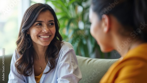 Obraz na płótnie A serious Indian mentor is talking to a female colleague, both smiling and sharing insights in a modern office with lush greenery in the background. w salonie