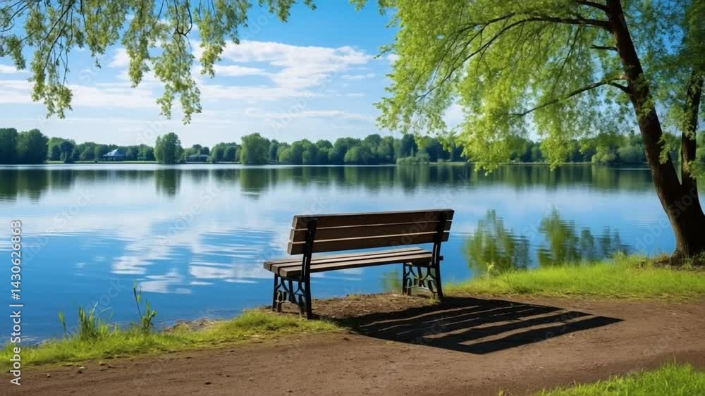 Tranquil Lakeside Retreat: An inviting wooden bench sits in idyllic location beside a calm lake under a clear blue sky, with lush greenery in the background. Tranquil Lakeside Retreat: An inviting wooden bench sits in idyllic location beside a calm lake under a clear blue sky, with lush greenery in the background.