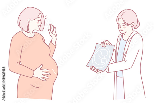 A joyful, pregnant woman beams and waves cheerfully while a knowledgeable doctor displays her ultrasound image