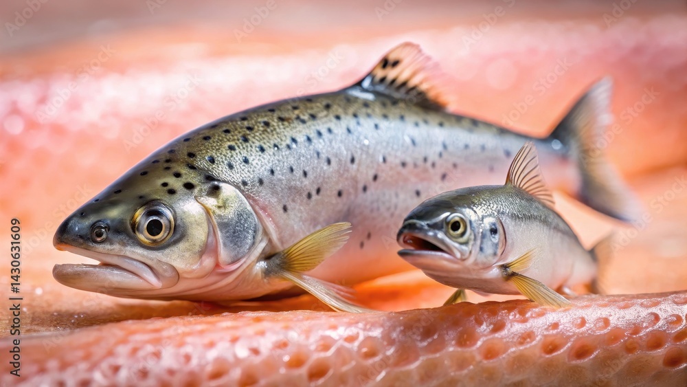 Two small sea lice crawl along the side of a pink salmon fish Two small sea lice crawl along the side of a pink salmon fish