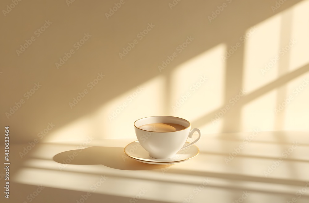 A cup of coffee on the table on a sunny morning creates a romantic atmosphere and the soft sunlight coming through the window panes illuminates the room. Ideal for advertising and presentations. A cup of coffee on the table on a sunny morning creates a romantic atmosphere and the soft sunlight coming through the window panes illuminates the room. Ideal for advertising and presentations.