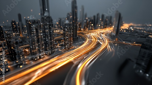 Digital technology plan for company growth. Luminous lines in a cityscape background symbolize the movement of data. Generative Ai