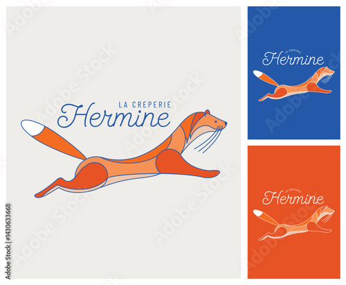 animal, hermine, dessin. Image de marque pour une entreprise, brasserie, restaurant, crêperie, fabricant de crêpes, biscuiterie, Bretagne, emblème, logo, enseigne, carte de visite, culture bretonne, 