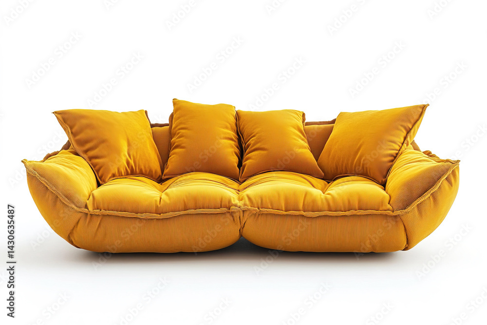 Obraz premium Modern yellow sofa with plush cushions on a white background for contemporary home decor