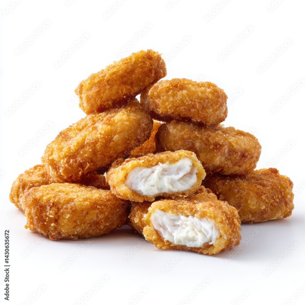 Pile of crispy nuggets, one cut isolated on white background Pile of crispy nuggets, one cut isolated on white background