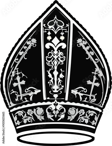 Black Background Pope Mitre Vector with Ornamental Cross and Floral Pattern