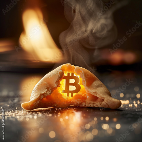 Fortune Cookie Cracked Open with Glowing Bitcoin Inside – Steam Rising, Moody Restaurant Lighting, Ultra-Detailed Food Photography