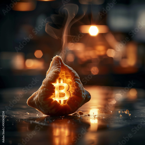 Fortune Cookie Cracked Open with Glowing Bitcoin Inside – Steam Rising, Moody Restaurant Lighting, Ultra-Detailed Food Photography
