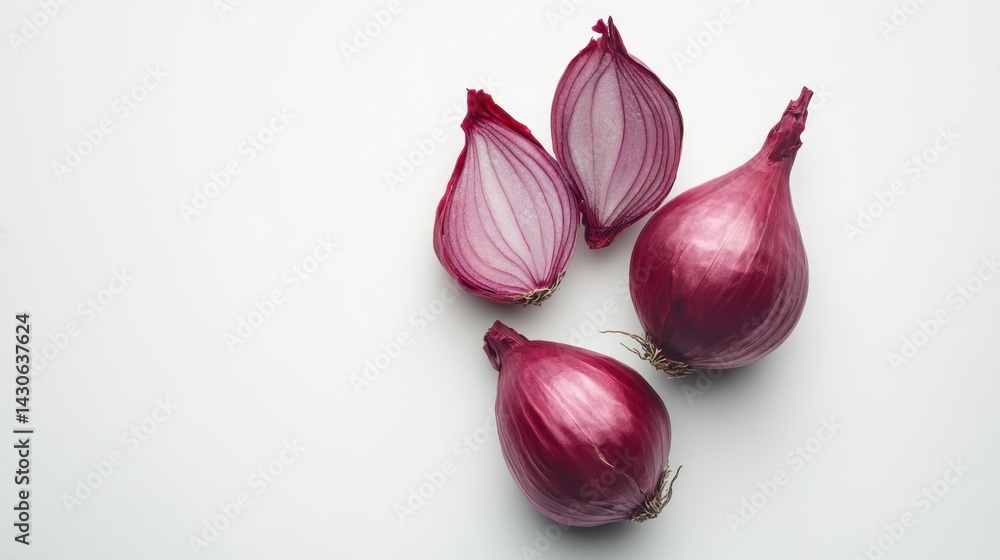 Fototapeta premium Fresh red onions, sliced and whole, on a white background