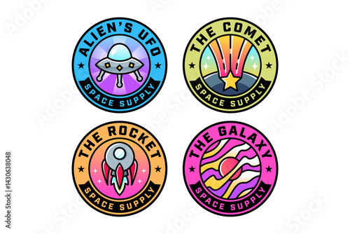 alien spaceship, ufo, rocket launcher, star meteor, galaxy, orbit, planet colorful modern illustration badge logo design set for astronautic, science, galaxy, space, adventure, kids merchandise