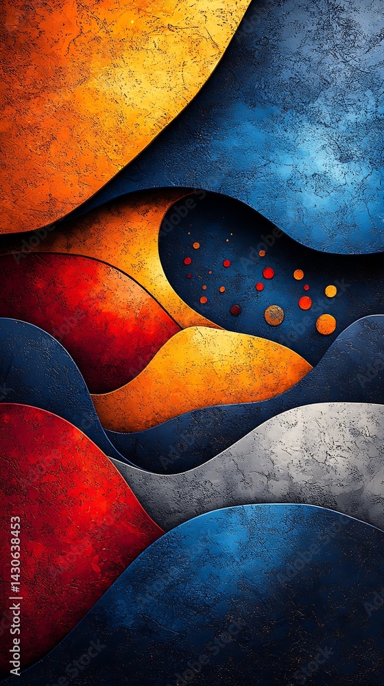 Obraz premium Vibrant Curved Shapes Abstract Art Orange Red Blue Gray, and Yellow