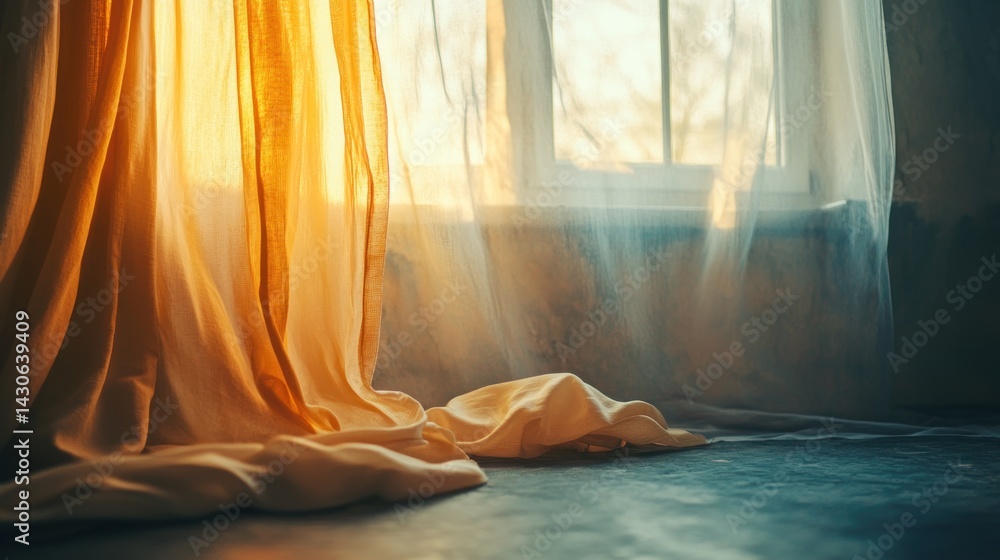 Golden sunlight streams through sheer curtains, illuminating a room Golden sunlight streams through sheer curtains, illuminating a room