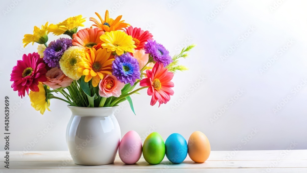Colorful flowers arranged in a vase with eggs of various sizes and colors, set against a soft white background Colorful flowers arranged in a vase with eggs of various sizes and colors, set against a soft white background