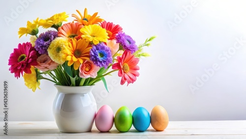 Wallpaper Mural Colorful flowers arranged in a vase with eggs of various sizes and colors, set against a soft white background Torontodigital.ca