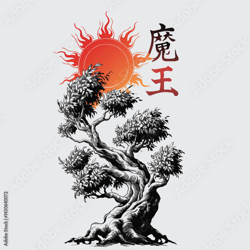 Japanese tree with a red sun T shirt design