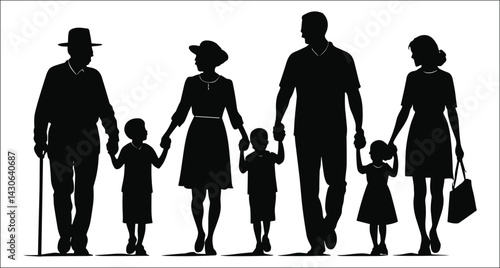 Silhouette Of Multi Generational Family Holding Hands Walking Together As One Unit