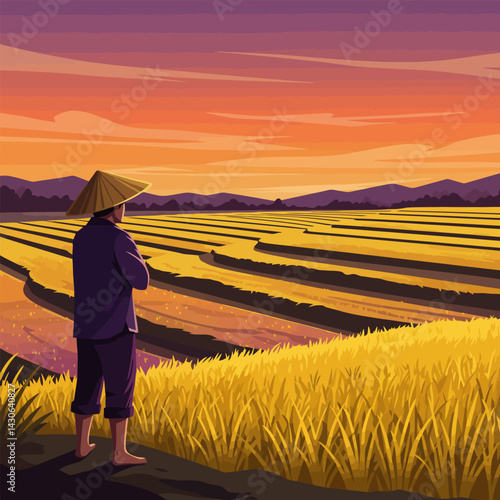 Farmer Contemplating Rice Field Landscape at Sunset with Golden Light