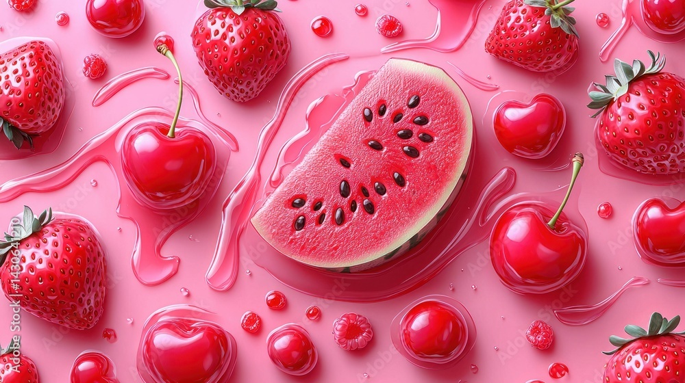 Fototapeta premium Summer Fruits Delight: A Vibrant Pink Paradise of Strawberries, Cherries, Watermelon, and Raspberries