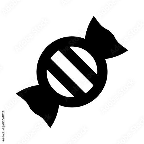 Illustration of a wrapped candy with diagonal stripes and twisted ends in solid black color on white background