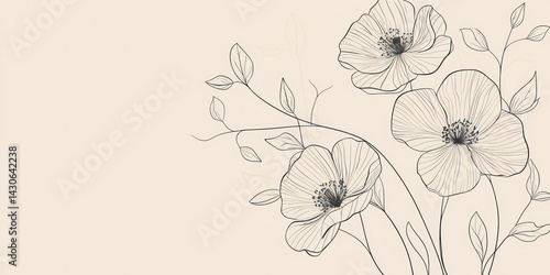 A minimalist botanical line art featuring delicate flowers and leaves on a neutral background